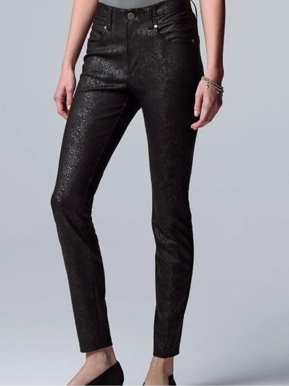 Vera Wang Black Snake-Texture Straight Leg Pants